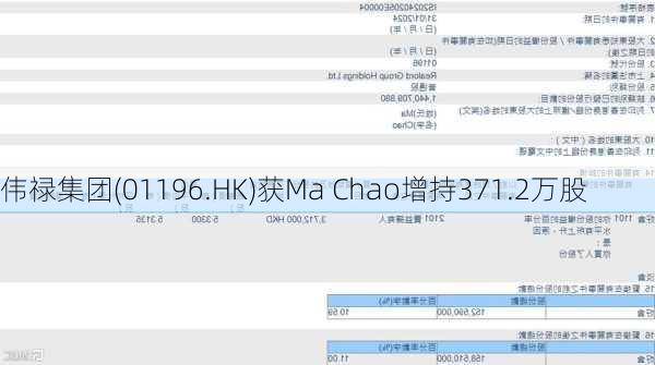 伟禄集团(01196.HK)获Ma Chao增持371.2万股