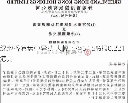 绿地香港盘中异动 大幅下挫5.15%报0.221港元